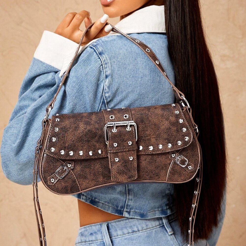 Brown western cowgirl faux leather purse bag